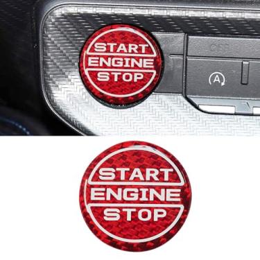 Imagem de QianBao Compatível com tampa de botão de parada de partida de fibra de carbono interruptor de ignição de motor de carro sem chave para Ford Mustang 2024 2025 vermelho