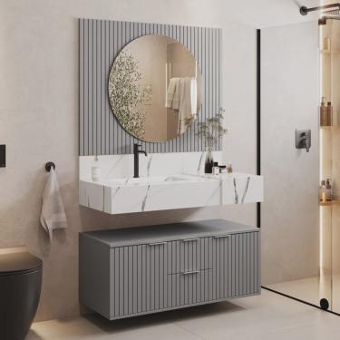 Imagem de Conjunto para Banheiro Bancada em Porcelanato com Cuba Esculpida, Armário e Espelho Ripy 100cm