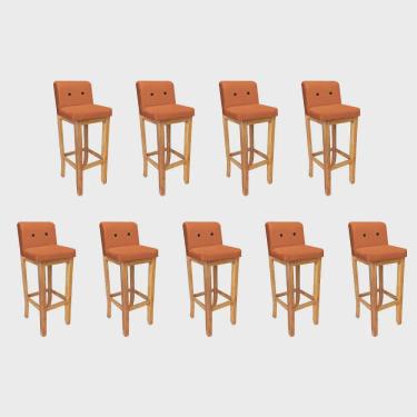 Imagem de Kit 09 Banqueta Alta Com Encosto Aila Balcão Bistrô Base Madeira Maciça Sintético Laranja Botão Preto - Ahz Móveis
