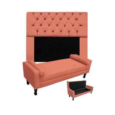 Imagem de Jogo Com Cabeceira Mirage + Recamier Baú Fenix Casal 140 cm Suede Coral - dl decor