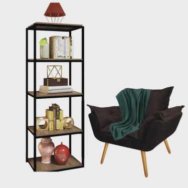 Imagem de Kit Poltrona Fatte com Manta Soft Verde e Estante Livreiro Ferro Preto mdf Caramelo Suede Marrom - Ahz Móveis