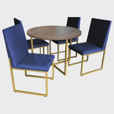 Imagem de Kit Mesa de Jantar Theo com 4 Cadeiras Sttan Ferro Dourado Tampo Caramelo Suede Azul Ma...