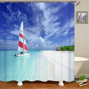 Imagem de Cenário litorâneo Praia Banheiro Cortina de chuveiro Decoração para casa Cortina Anti-mofo Cortinas de chuveiro à prova d'água com gancho, DM1864, L180 x A200 cm