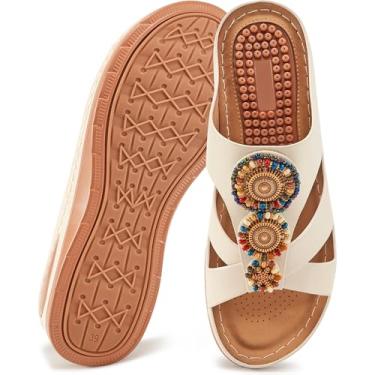 Imagem de FUDYNMALC Sandálias Ortopédicas Femininas: De Cunha Elegantes Verão Para Mulheres, Feitas À Mão, Com Miçangas, Casuais Caminhada