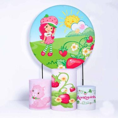 Imagem de Kit Painel de Festa Redondo de 1,50m e Trio de Cilindros Moranguinho - Fera Print