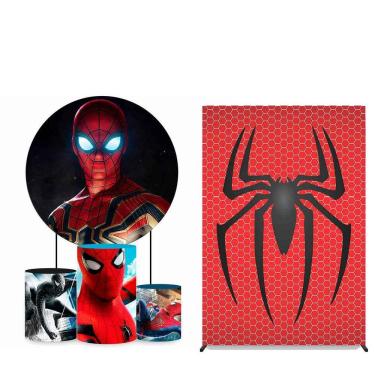 Imagem de Kit Painel de Festa Redondo 1,50m, Trio de Cilindros e Painel Lateral Homem Aranha - Fera Print
