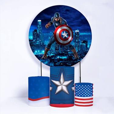 Imagem de Kit Painel de Festa Redondo de 1,50m e Trio de Cilindros Capitão América - Fera Print
