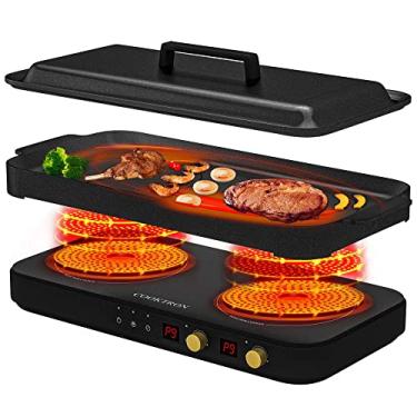 Imagem de COOKTRON Fogão De Indução Portátil De 2 Bocas Com Chapa De Ferro Fundido Removível E Antiaderente, Fogão De Indução Dupla De 1800 W Com Trava De Segurança Para Crianças E Temporizador, Ótimo Para F