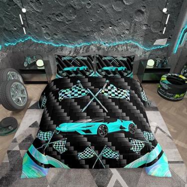 Imagem de jejeloiu Conjunto de cama solteiro de carro de corrida azul-petróleo para esportes radicais, conjunto de edredom para crianças, adolescentes, adultos, Velozes e Furiosos, conjunto de edredom com