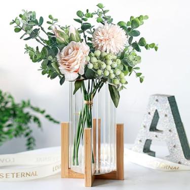 Imagem de Vaso cilíndrico de vidro com base de madeira, vaso de botão para centros de mesa, vasos de flores com nervuras transparentes, suporte de vela de vidro alto furacão, vaso de madeira decorativo para