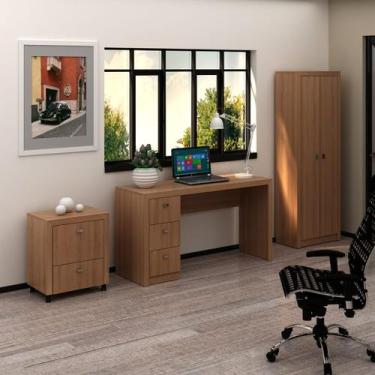 Imagem de Kit para Escritório com Escrivaninha Armário Gaveteiro 3 Peças Amêndoa