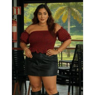 Imagem de Blusa Xadrez Plus Size Cropped Ciganinha Bata Soltinha Alça Regata Aju