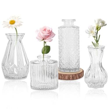 Imagem de Conjunto de 4 vasos de vidro, pequenos vasos de flores transparentes vintage para mesa a granel, mini vaso de estilo rústico fofo para decoração de casa, casamento, chá de bebê, festa de aniversário