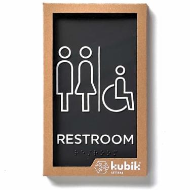 Imagem de Kubik Letters Placa de banheiro, Placa Táctil Braille em conformidade com ADA, Placa de porta moderna com fita dupla face 3M, Unisex & Accessible (Black Satin), 8.9 x 5.1 x 0.3 inches (22.75 x 13 x 0.8 cm)