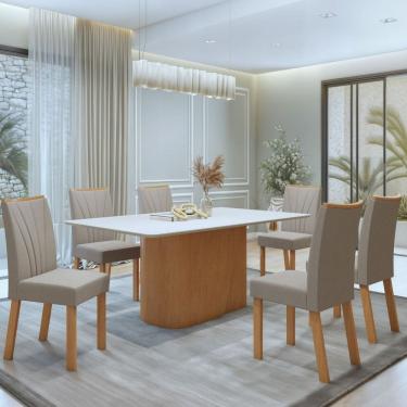 Imagem de Conjunto Sala de Jantar Luar 170cm Tampo em MDF com 6 Cadeiras Apogeu Amendoa Clean/Off White/Veludo Naturale Creme