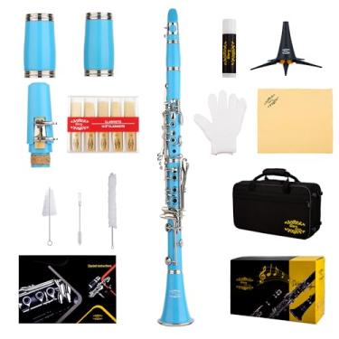 Imagem de Glory GLY-CLALB Clarinete profissional Ebonite Bb com 10 palhetas, suporte, estojo rígido, pano de limpeza, escova de bocal e pincel de almofada, azul claro/prata