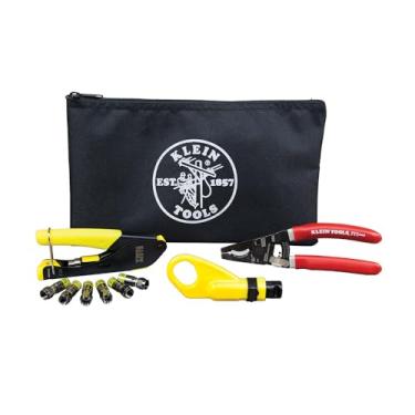 Imagem de Klein Tools Kit de instalação coaxial VDV026-211 com ferramenta de crimpagem, cortador de cabo, decapador e conectores F com bolsa de armazenamento