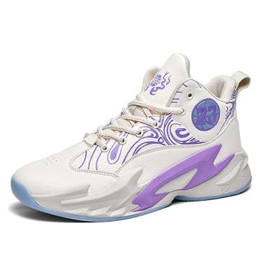 Imagem de Bolognifi Tênis de basquete masculino de cano alto com amortecimento e suporte respirável para treinamento esportivo juvenil Equipamento de basquetebol(Beige Purple,42 BR)