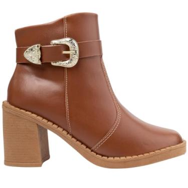 Imagem de Bota Feminina Via Angel Salto Grosso Ankle Boot Enfeite Fivela Bico Quadrado Confortavel 8003. (Caramelo, BR, Adulto, Numérico, 36)