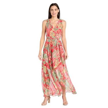 Imagem de R&M Richards Vestido longo de chiffon com cintura alta e acabamento metálico, Coral/verde, 38