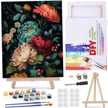 Imagem de MaiMMaledy Kit de pintura por números para adultos iniciantes imagens em tela com desenho emoldurado pigmento acrílico com cavalete de triângulo de madeira flor peônia 20x30 cm C cm