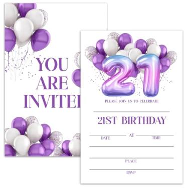 Imagem de Nopoben Cartões de convite de aniversário de 21 anos para meninos e meninas, convites de festa de balões para adolescentes adultos, 20 cartões de convite de preenchimento dupla face com envelopes