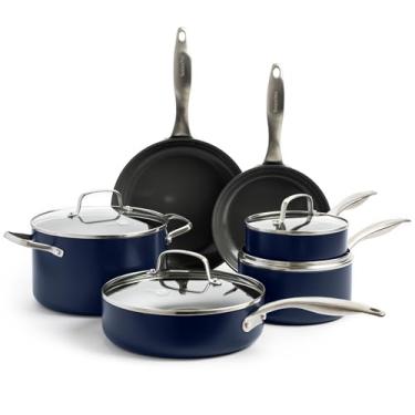 Imagem de GreenPan Canterbury Conjunto de panelas e frigideiras de 11 peças, cerâmica anodizada rígida, antiaderente, livre de PFOA e PFAS, seguro para utensílios de metal, seguro para forno e lava-louças, azul