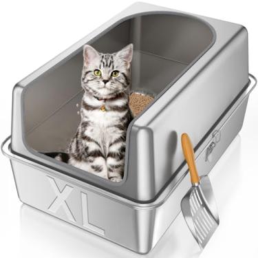 Imagem de Caixa de areia para gatos de aço inoxidável fechada com tampa, caixa de areia de metal XL para gatos grandes, caixas de areia extra grandes com gabinete de parede alta, anti-vazamento, controle de