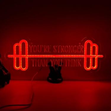 Imagem de Placa de néon de academia, haltere em forma de letreiro neon laranja neon sinais de luzes de néon adesivos de parede para decoração de clube de fitness placa neon LED para adolescentes sala de