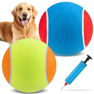 Imagem de EXPAWLORER Bolas de tênis gigantes para cães - 2 peças de bolas de brinquedo para cães grandes de 24 cm, aniversário de cachorro, bola de tênis grande interativa para cães com agulhas infláveis para treinamento interno ao ar livre jogando esportes