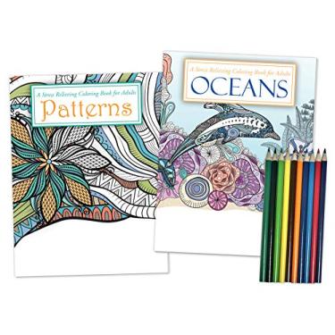 Imagem de Pacote de presente: Conjunto de 2 livros de colorir e lápis de colorir para adultos - Livro de colorir oceanos e Livro de colorir de padrões - Inclui 10 lápis de cor pré-apontados