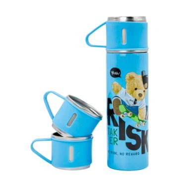 Imagem de Garrafa Térmica Inox 500ml com 3 Xícaras, Design Urso, Parede Dupla, Rosa, Verde-Água, Azul ou Lilás