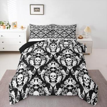 Imagem de Feelyou Conjunto de cama de caveira de açúcar para crianças, meninos, meninas, branco, preto, damasco, floral, Queen, vintage, jacquard, edredom para decoração de quarto, respirável, microfibra macia