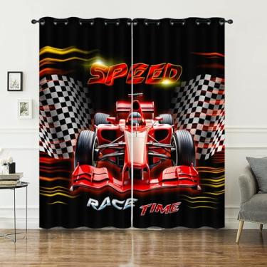 Imagem de AILONEN Cortina de janela de modelo de carro de corrida vermelha com desenho animado, camadas clássicas com bandeira quadriculada para quarto, coleção de brinquedos de esportes radicais, cortinas de