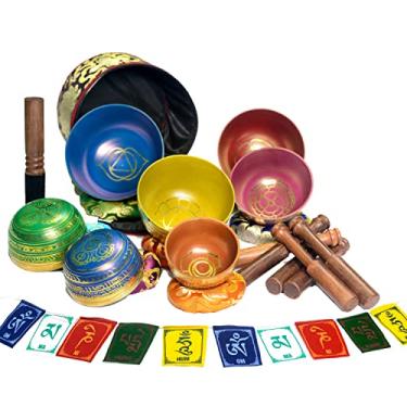 Imagem de Conjunto de 7 tigelas de canto tibetanas, 7 metais autênticos, 7 cores de chacra, canto de mantra decorado no Himalaia para cura de chakras, meditação, relaxamento profundo, alívio do estresse, feito