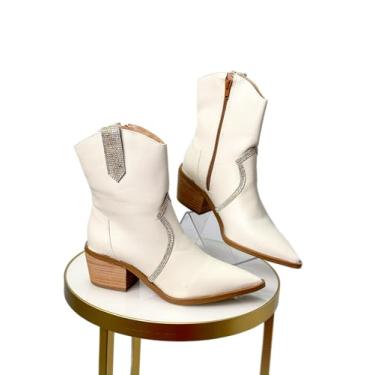 Imagem de Bota Texana Feminina em Couro, Bico Fino, Cano Médio 12cm, Salto 4.5cm, com Strass, Marrom/Branco/Preto (OFF WHITE, BR, Adulto, Numérico, 35)