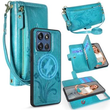 Imagem de Lacass Compatível com Moto G Stylus 5G 2025 Capa carteira tiracolo removível, compatível com MagSafe, [proteção contra roubo de cartões], suporte magnético de couro PU com zíper (azul floral verde)