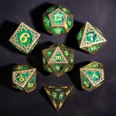 Imagem de Cusdie 7-Piece Metal Frame Sharp Edges DND Dice Set with Metal Frame- Perfect for Tabletop RPGs Board Games Gifting and Collecting(Green)
