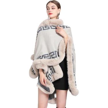 Imagem de Xale De Pele Sintética De Luxo Feminino Longo Envoltório De Inverno Estola Capa Geometria Padrões Plus Size Viagem Cardigan Poncho, Beige, 80