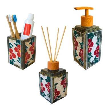 Imagem de Kit Lavabo Pedra Sabão 3 Pçs Saboneteira Aromatizador Decorativo