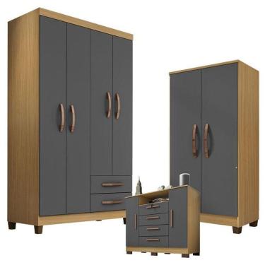 Imagem de Guarda Roupa Modena 4 Portas Com Cômoda Madri E Armário Multiuso Recife Carvalho Americano Grafite - Incorplac
