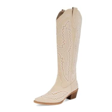 Imagem de SOVANYOU Botas femininas caubói ocidentais bico fino amêndoa salto bloco brilhante cowgirl bota alta, Damasco, 38