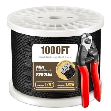 Imagem de WAYSKA Cabo de aço inoxidável preto T316 de 1000 pés 1/20.3 cm, cabo de aeronave preto para trilhos de cabos internos e externos Esgrima de deck de escada, construção de fios 7x7, balaustradas DIY