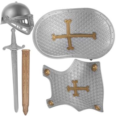 Imagem de Vaguelly 1 conjunto de fantasia de armadura romana retrô com escudo de brinquedo e capacete para meninos e meninas, acessórios de cosplay para meninos e meninas e equipamentos realistas para