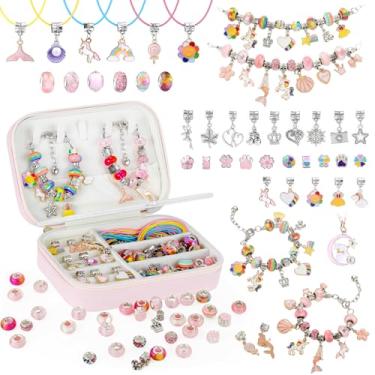 Imagem de Emibele Kit de fabricação de pulseiras para meninas, 133 peças, kit de fabricação de joias faça você mesmo, brinquedo de artesanato com caixa organizadora de joias portátil para meninas de 5 a 12 anos