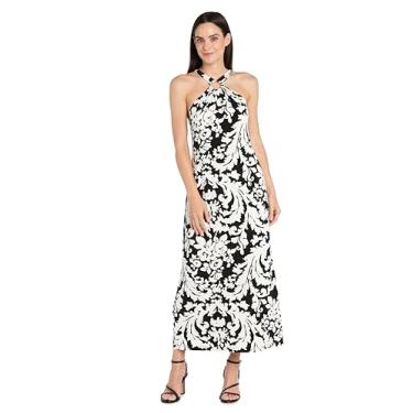 Imagem de Vestido maxi elegante estampado com frente única e detalhe de anel frontal - estampa floral preta e branca sem mangas, Preto/branco, 58