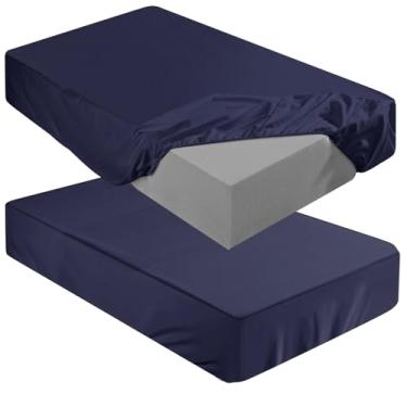 Imagem de Breling Lençol com elástico (apenas lençol) compatível com colchão dobrável Milliard de microfibra para cama de beliche e trailer (azul marinho, 2 peças, casal, 10 cm)