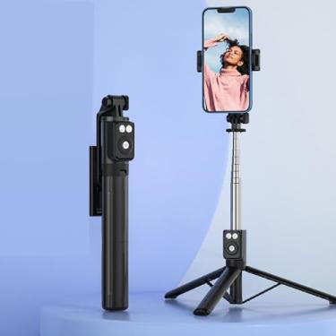 Imagem de Bastão de selfie rosa, um item essencial para meninas, antivibração, retrátil de 110 cm, com uma luz de preenchimento de beleza (destacável) e vem com um controle remoto Bluetooth (preto, modelo sem