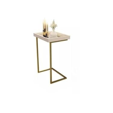 Imagem de Mesa lateral de sofá de luxo branco pérola(Pé Dourado)