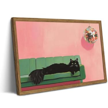 Imagem de Arte engraçada de parede de gato preto, pintura de decoração de parede de animal fofo, carrinho de bar de bola de discoteca eclético, impressões em tela, imagens de arte para quarto, sala de estar